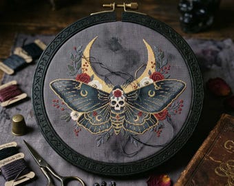 Celestial Death Moth Cross Stitch Pattern: Skull Moon Gothic Garden Embroidery (PDF)
