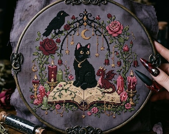 Cat Dragon Spell Book Cross Stitch Pattern: Raven, Candles, Roses Witchy Embroidery (PDF)