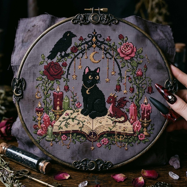 Cat Dragon Spell Book Cross Stitch Pattern: Raven, Candles, Roses Witchy Embroidery (PDF)