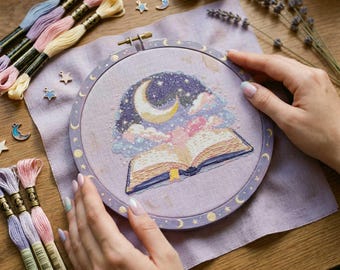 Moon Cross Stitch Pattern: Night Sky Rising from Book Fantasy Embroidery (PDF)