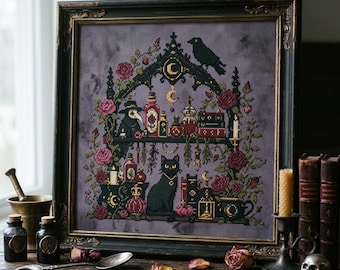 Black Cat Apothecary Cross Stitch Pattern: Raven, Potions, Roses & Witchy Embroidery (PDF)