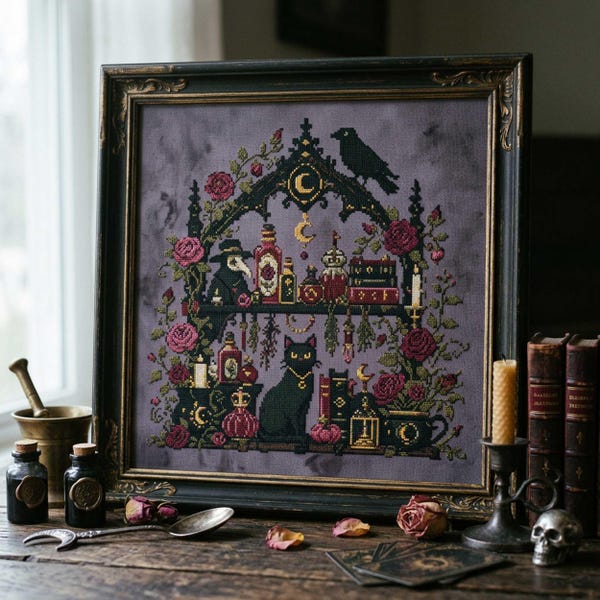 Black Cat Apothecary Cross Stitch Pattern: Raven, Potions, Roses & Witchy Embroidery (PDF)