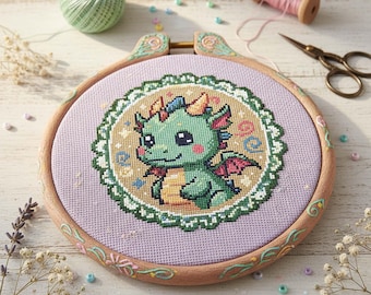 Dragon Cross Stitch Pattern: Kawaii Fantasy Dragon Medallion Embroidery (PDF)