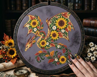 Sunflower Dragon Cross Stitch Pattern: Autumn Floral Fantasy Botanical Autumn Embroidery (PDF)