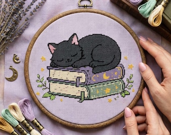 Book Lover Cross Stitch Pattern: Sleeping Cat Library Stack Embroidery (PDF)