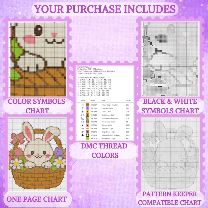 May include: A digital cross-stitch pattern set featuring a rabbit in a basket with flowers. Includes a color symbols chart, black and white symbols chart, a one-page chart, a pattern keeper compatible chart, and a DMC thread color list with 21 colors.
