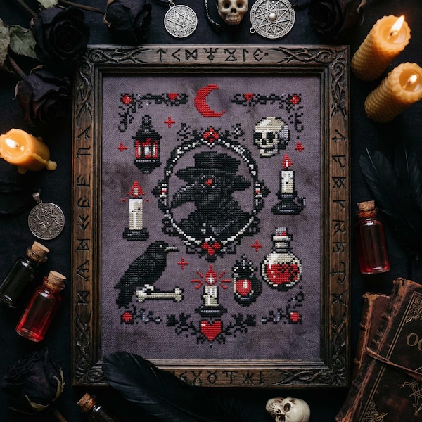 Medieval Plague Doctor Cross Stitch Pattern: Occult Gothic Sampler Embroidery (PDF)