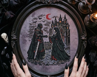 Castle Couple Cross Stitch Pattern: Dark Fantasy Romance, Blood Moon Embroidery (PDF)