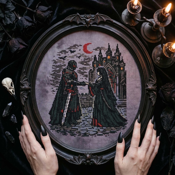 Castle Couple Cross Stitch Pattern: Dark Fantasy Romance, Blood Moon Embroidery (PDF)