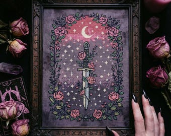 Mystical Sword Cross Stitch Pattern: Floral Moon Gothic Fantasy Tarot Embroidery (PDF)