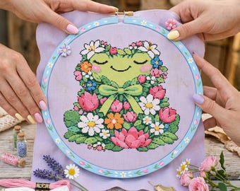 Spring Frog Cross Stitch Pattern: Reading Frog Surrounded by Flowers Nature Embroidery (PDF)