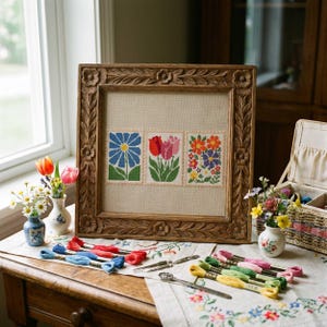 May include: A framed cross-stitch floral design with three flower images resembling postage stamps. The wooden frame is carved. Embroidery threads and needles are on a table, alongside small vases of flowers.