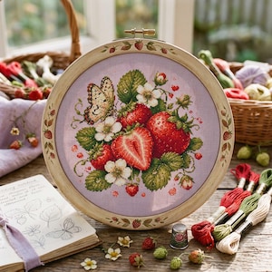 Könnte beinhalten: Ein Kreuzstich-Stickrahmen mit einem Erdbeermotiv mit einem Schmetterling und weißen Blüten. Die Stickerei befindet sich in einem Holzrahmen mit einem hellvioletten Hintergrund. Stickgarn und ein Fingerhut sind ebenfalls sichtbar.