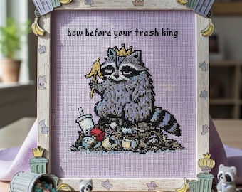 Raccoon Cross Stitch Pattern: Funny Trash King Quote Embroidery PDF