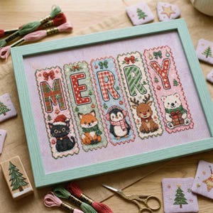 May include: A framed cross-stitch embroidery featuring the word MERRY in large, patterned letters. Each letter is set within a vertical panel containing a holiday-themed animal: a black cat, a fox, a penguin, a reindeer, and a polar bear.