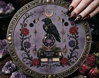 Raven Crystal Ball Cross Stitch Pattern: Gothic Book Roses Celestial Embroidery (PDF)