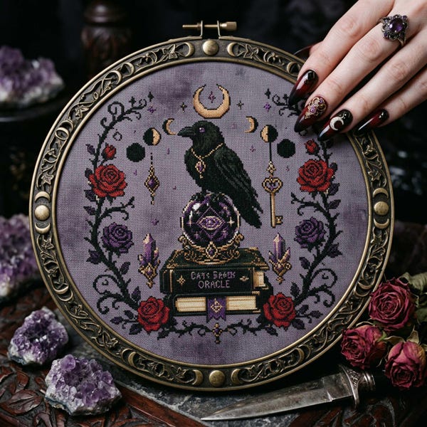 Raven Crystal Ball Cross Stitch Pattern: Gothic Book Roses Celestial Embroidery (PDF)
