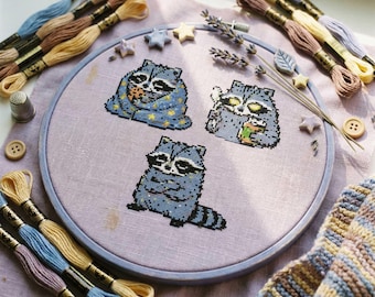 Cozy Raccoon Cross Stitch Pattern: Sleepy Woodland Snack Lover Embroidery PDF