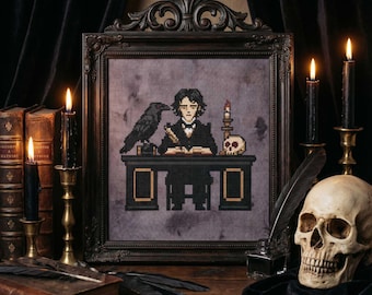 Raven Writer Cross Stitch Pattern: Gothic Poet Desk Dark Fantasy Embroidery (PDF)