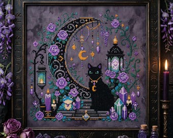 Crescent Moon Black Cat Cross Stitch Pattern: Witchy Floral Arch Celestial Garden Embroidery (PDF)