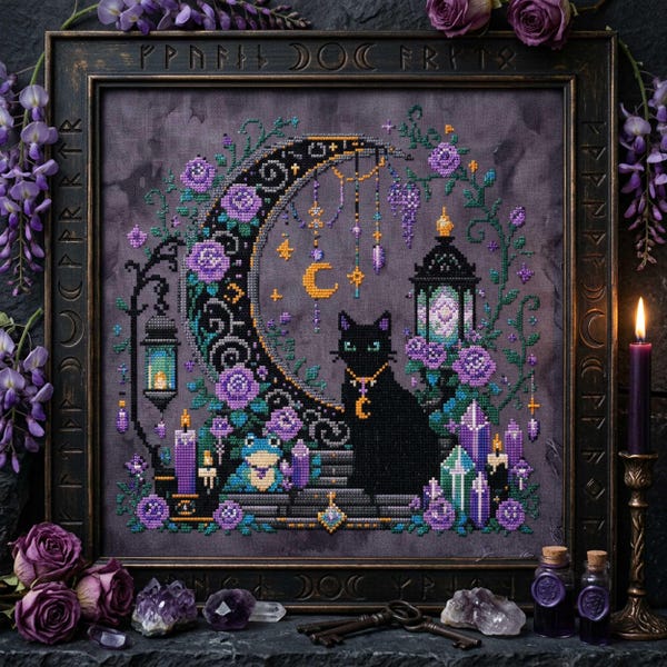 Crescent Moon Black Cat Cross Stitch Pattern: Witchy Floral Arch Celestial Garden Embroidery (PDF)