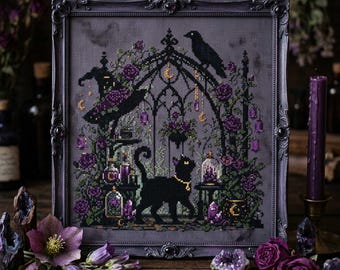 Black Cat Cross Stitch Pattern: Gothic Raven Purple Rose Witch Garden Embroidery PDF