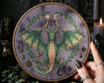 Floral Dragon Cross Stitch Pattern: Fantasy Dragon Sun Moon Botanical Embroidery PDF