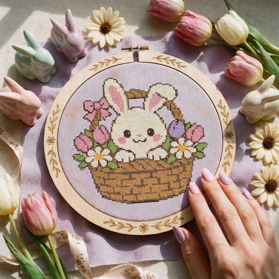 Bunny in Basket Cross Stitch Pattern: Spring Flowers Rabbit Embroidery ...