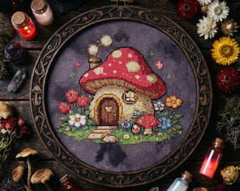 Patrón de punto de cruz para casa de hongos de primavera: Bordado de hongos de casa de jardín de fantasía de hadas (PDF)