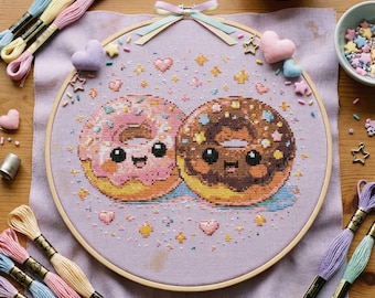 Donut Cross Stitch Pattern: Strawberry and Chocolate Donuts Dessert Embroidery (PDF)
