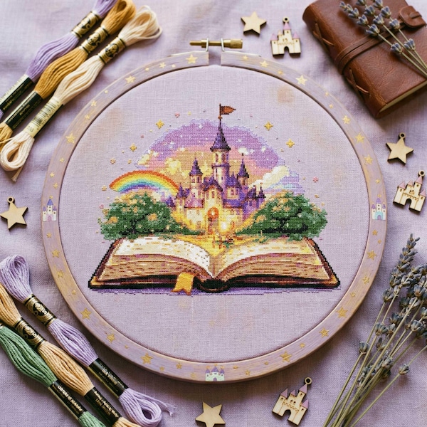 Modèle de point de croix Château fantastique : livre magique, broderie de conte de fées (PDF)