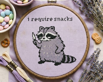 I Require Snacks Cross Stitch Pattern: Funny Raccoon Meme Animal Quote Embroidery PDF