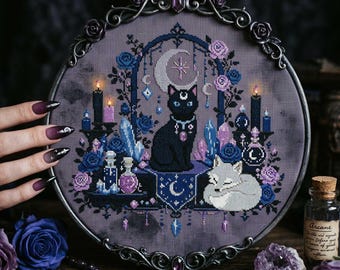 Mystic Moon Cat Cross Stitch Pattern: Witchy Black Cat Crystals Candles Celestial Embroidery (PDF)