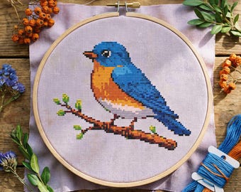 Patrón de punto de cruz de pájaro azul: bordado de pájaro cantor del bosque primaveral (PDF)