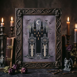 May include: Cross-stitch artwork of a gothic castle with two armored figures holding swords. The framed piece is in a dark wooden frame with gargoyle accents. The background is a dark purple with a crescent moon and bats.