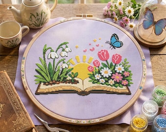 Spring Book Cross Stitch Pattern: Floral Garden Sunrise Open Book Embroidery (PDF)