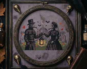 Patrón de punto de cruz gótico victoriano: Amantes de la peste negra con bordado de linterna (PDF)