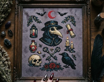 Plague Doctor Sampler Cross Stitch Pattern: Dark Gothic Raven, Candles & Moon Embroidery (PDF)