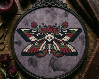 Gothic Skull Moth Cross Stitch Pattern: Red Rose Butterfly Dark Skulls Tarot Embroidery (PDF)