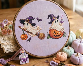 Halloween Ghost Witch Cross Stitch Pattern: Pumpkin Broom Potion Bat Magic Embroidery (PDF)
