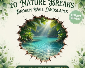 Nature Breaks – Broken Wall Nature Clipart-bundel – Bos, lucht en landschap PNG-openingen voor sublimatie en ontwerp (digitale download)