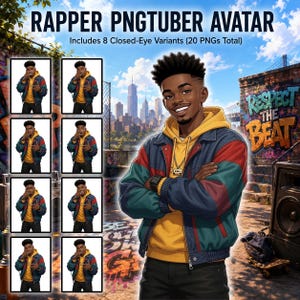 Rapper PNGTuber Avatar – Hip Hop VTuber Character – 20 Reactive PNGs + Speaking GIF for OBS, Twitch, Kick & Discord (Digital Download)