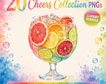 Cheers-collectie – 20 kleurrijke PNG-clipartafbeeldingen van zomerdrankjes – Fruitige cocktails, verfrissende drankjes en tropische dranken (digitale download)