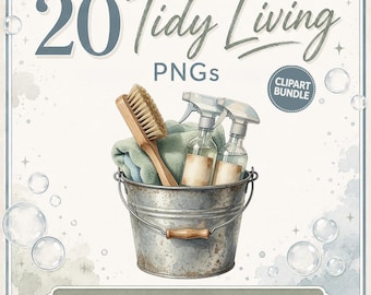 Tidy Living – Schoonmaakbenodigdheden Aquarel Clipart – 20 Huishoudelijke PNG's voor Schoonmaakbedrijven, Planners & Sublimatie (Digitale Download)