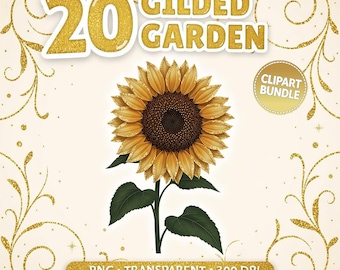 Bundel met vergulde tuinclipart – Luxe vintage bloemen PNG, botanische bloemenclipart, cottagecore aquarelbloemen (digitale download)