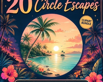 Circle Escapes – Clipartbundel met tropische landschappen – 20 schilderachtige cirkel-PNG's voor sublimatie, muurdecoratie en knutselprojecten (digitale download)
