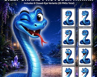 Grappige slang PNGTuber-avatar – Blauwe slang streamingpersonage – 20 expressie-PNG's + bonus spraakbestanden (digitale download)