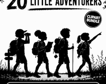 Kleine avonturiers – 20 PNG-silhouetten van avontuurlijke kinderen – Clipart voor wandelen, kamperen en buitenactiviteiten (digitale download)