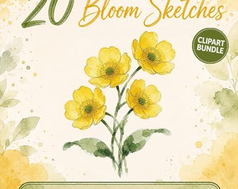 Bloom Sketches – 20 aquarel bloemen clipart PNG's – Botanische bloemen, wilde bloemen en tuinbloemen (digitale download)