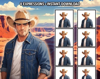 Cowboy Charlie PNGTuber-avatar: 8 Expressions Streamer-avatarpack voor gebruik met Twitch, Discord en VTuber (digitale download)